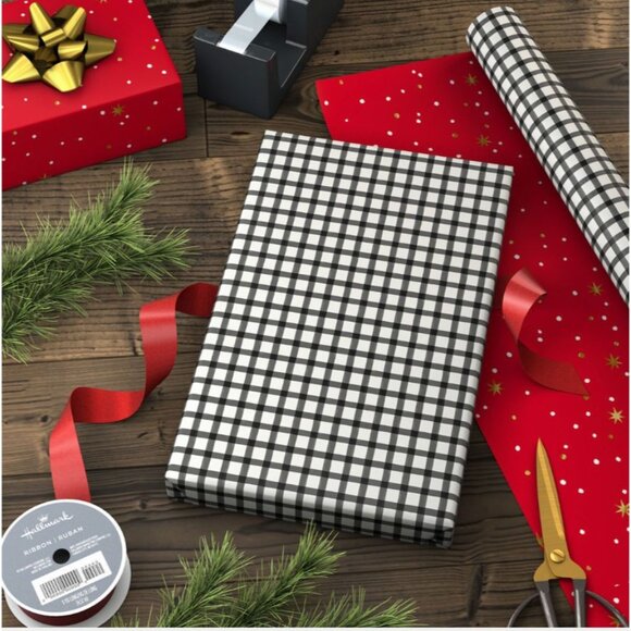 Hallmark Christmas Wrapping Paper Black White Check Red Reversible Roll 35 sq ft - Picture 4 of 6